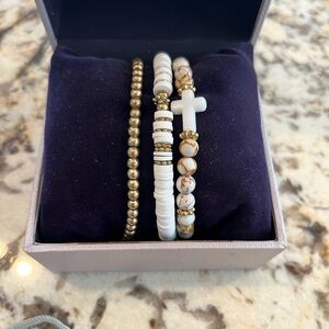 Hand Crafted White and Gold Beaded Bracelet Trio